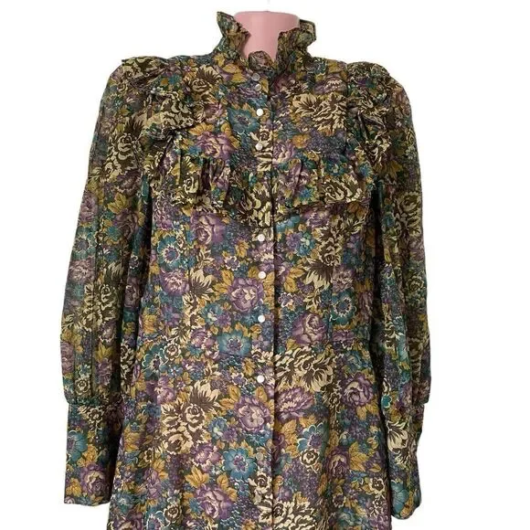 Vintage 70s Dress Women's Medium Jr Petite Floral Cottage Core Prairie Ruffles - Picture 2 of 7